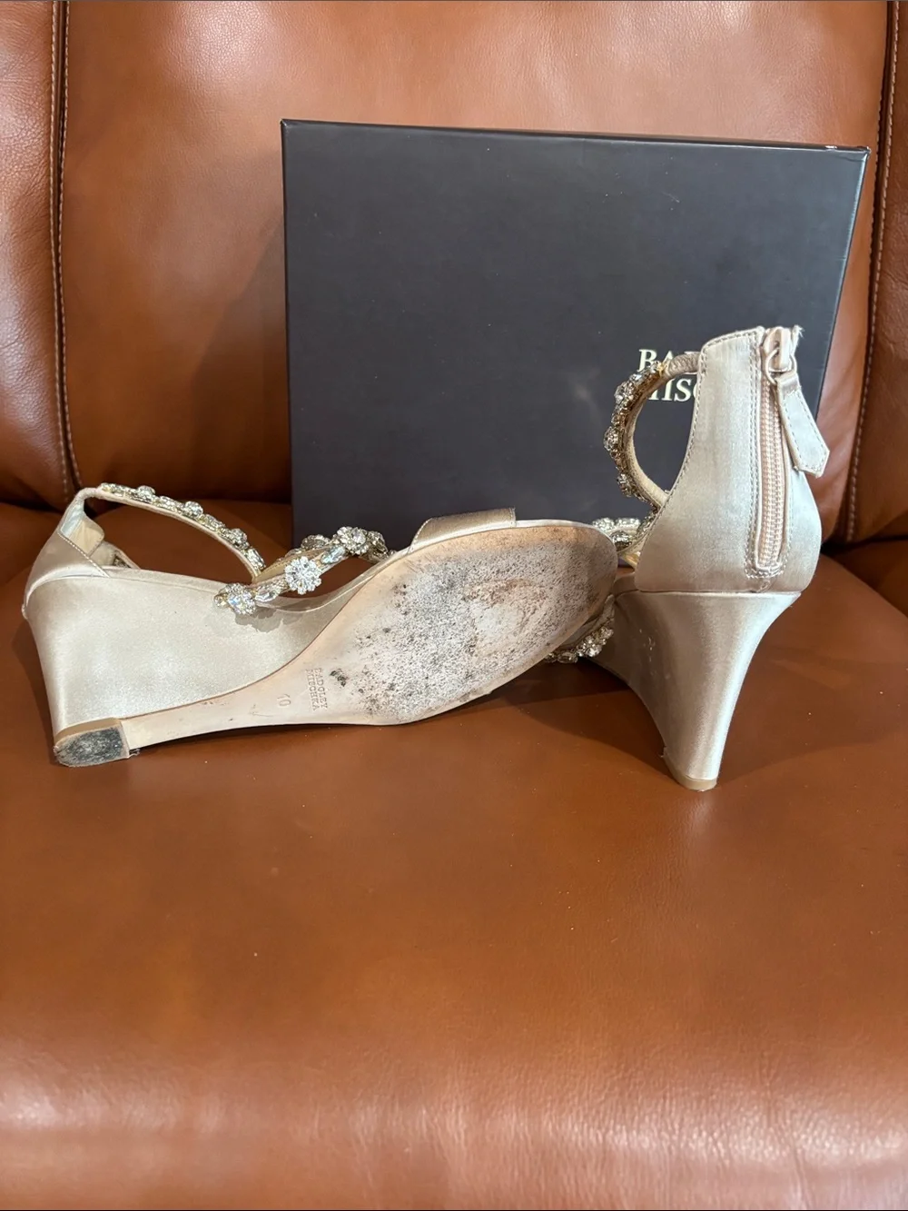 Badgley Mischka Champagne Satin Crystal Embellished Wedges